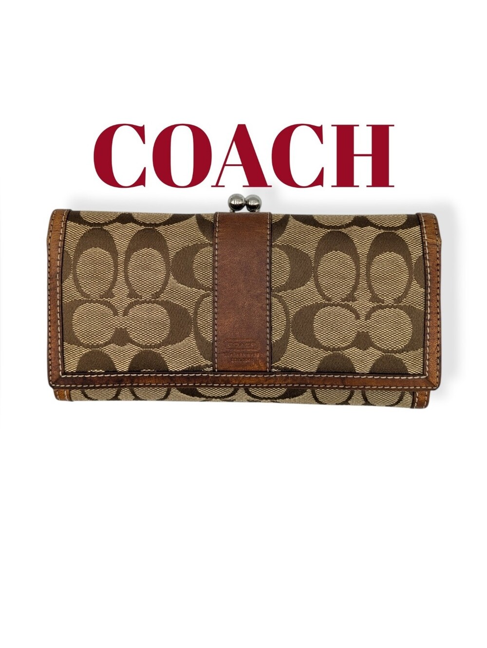 Coach Vintage Signature Kisslock  Wallet Khaki Canvas Brown Leather Leatherware